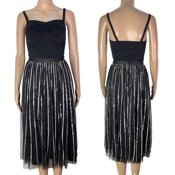Needle & Thread Shimmer Black & Silver Sequin Tulle Midi Skirt - Picture 1 of 12